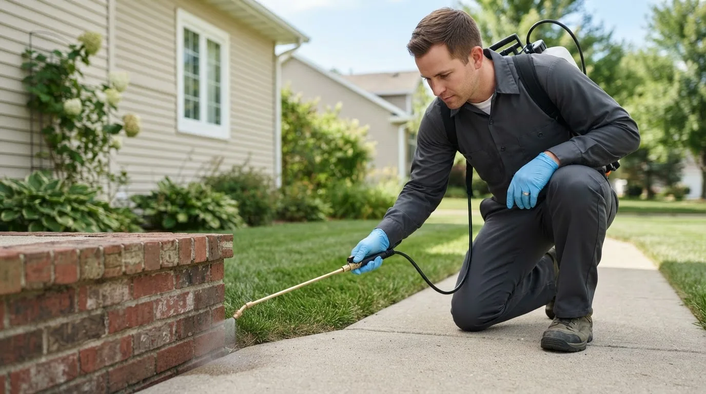 Pest control technician treating a home near Mchenry, ND
